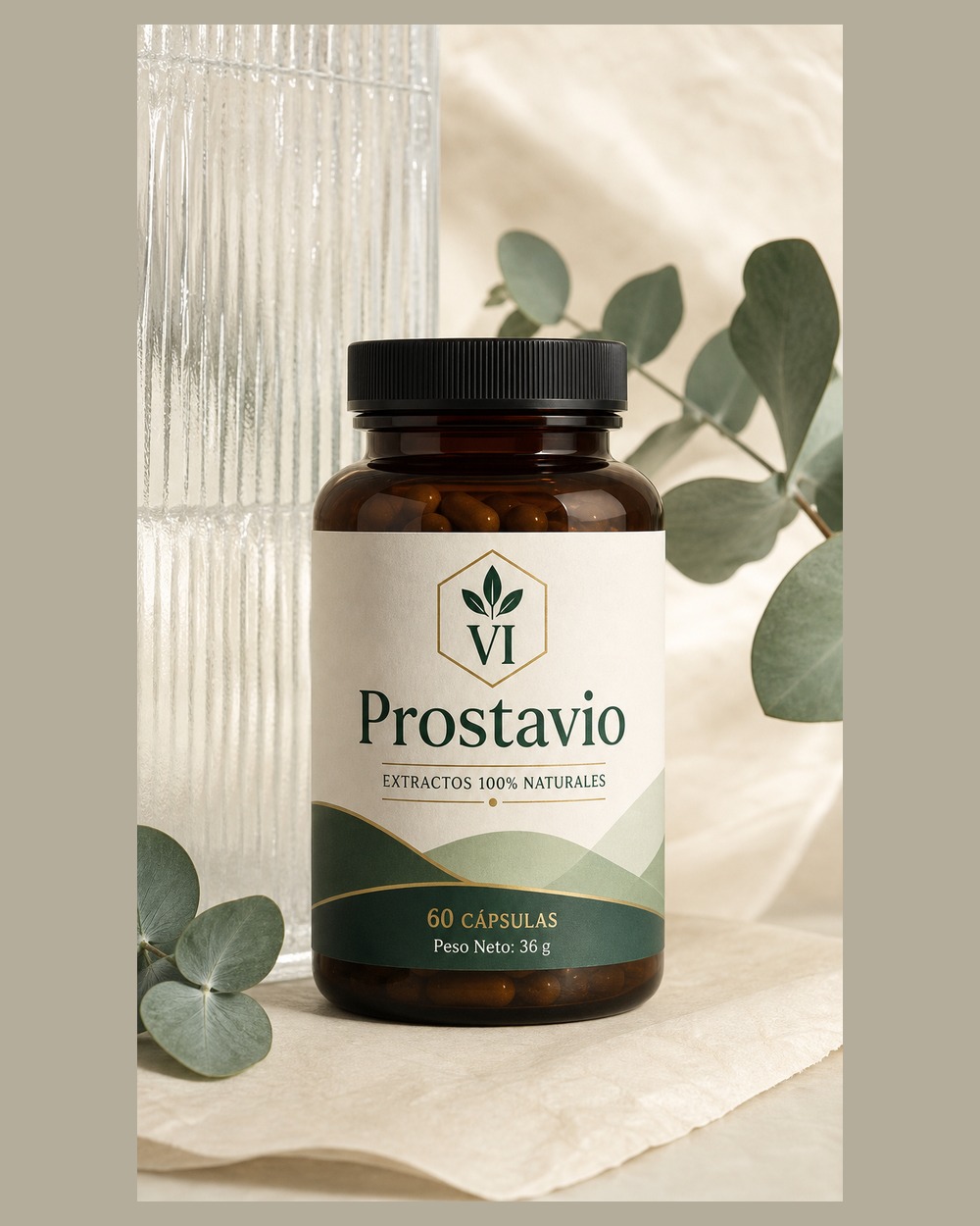 Prostavio en una composición de estudio con tonos crema y verdes